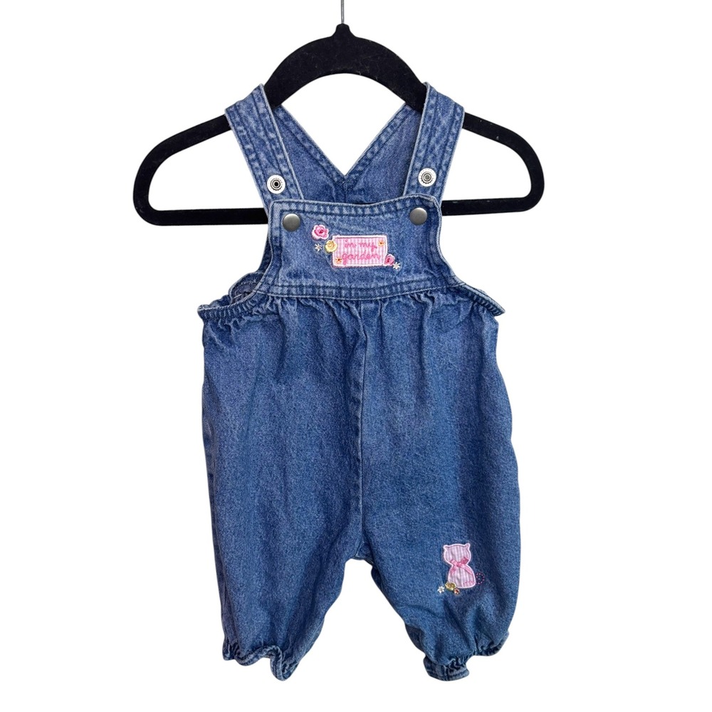 Vintage Carters Tykes Denim Overalls Baby Girls 0-3M Embroidered Garden Cat